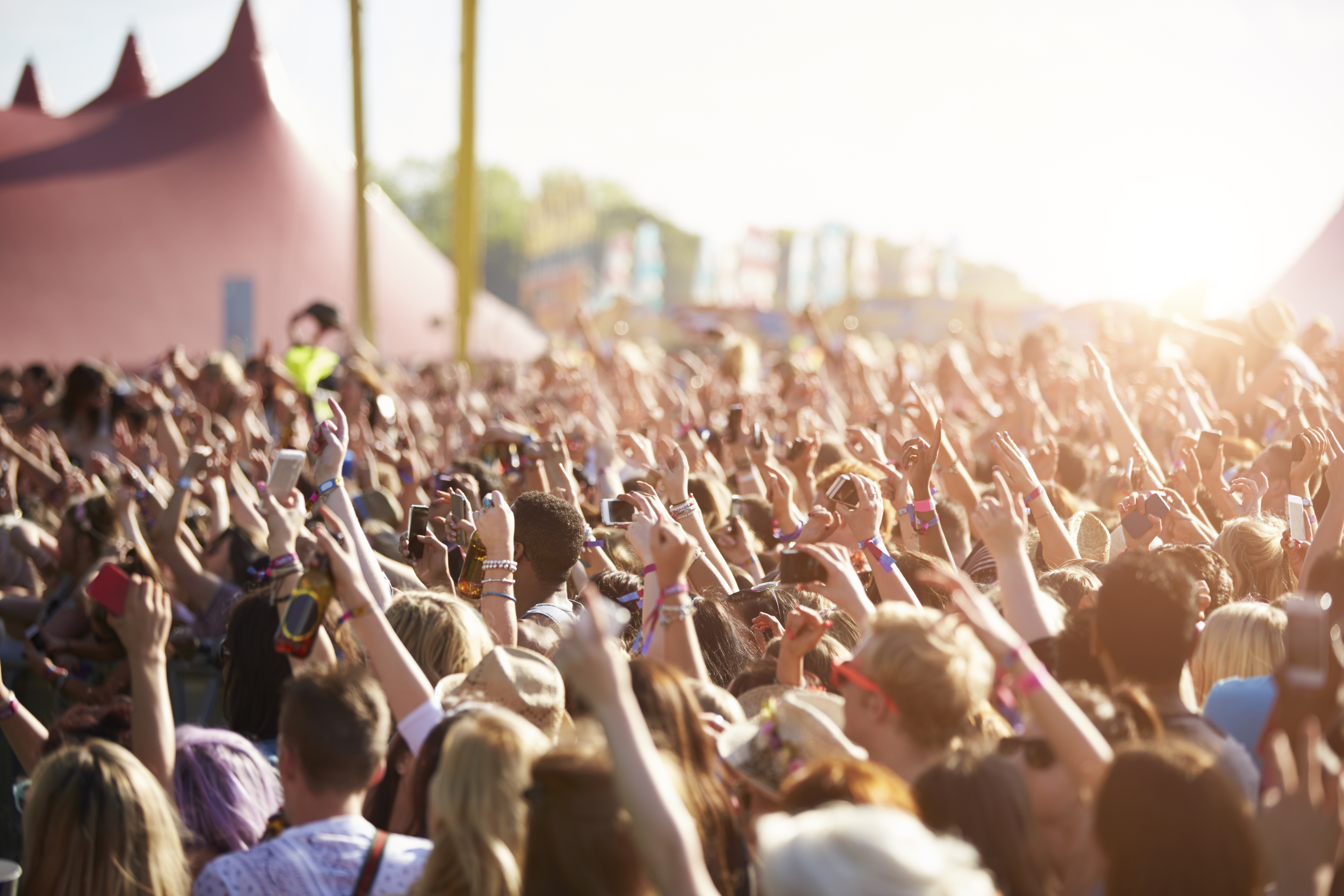 Een menigte met hun armen omhoog op een festival