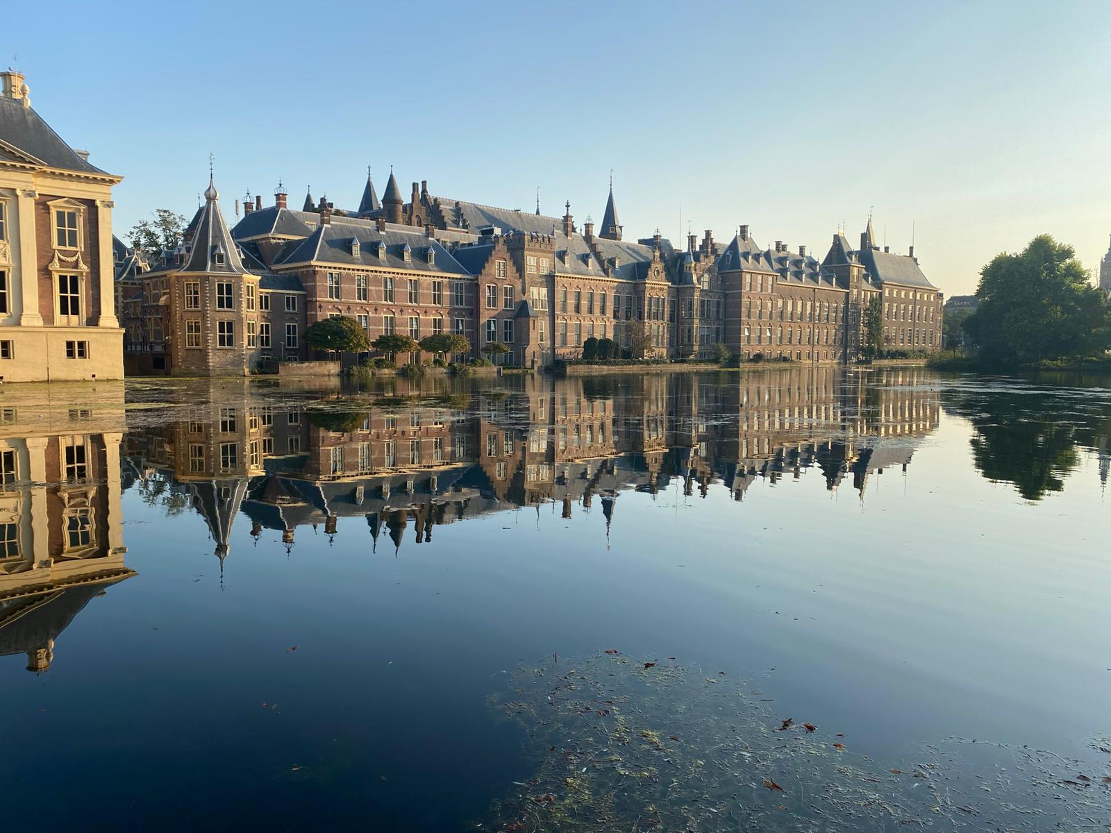 De hofvijver met het Binnenhof op de achtergrond